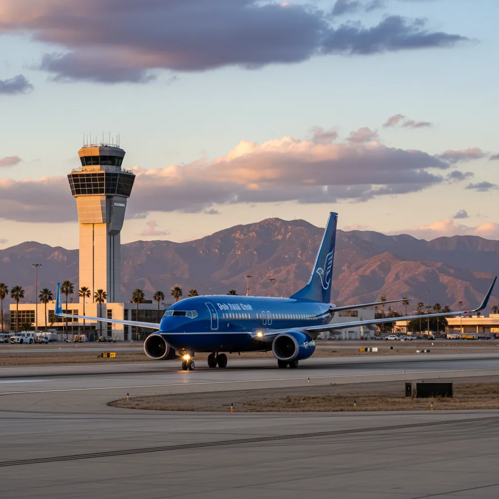 View of an airplane on a runway with Burbank airport tower in the backdrop