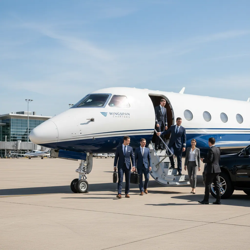 Business executives boarding a private jet, indicating the convenience and efficiency provided by private jet charter companies.