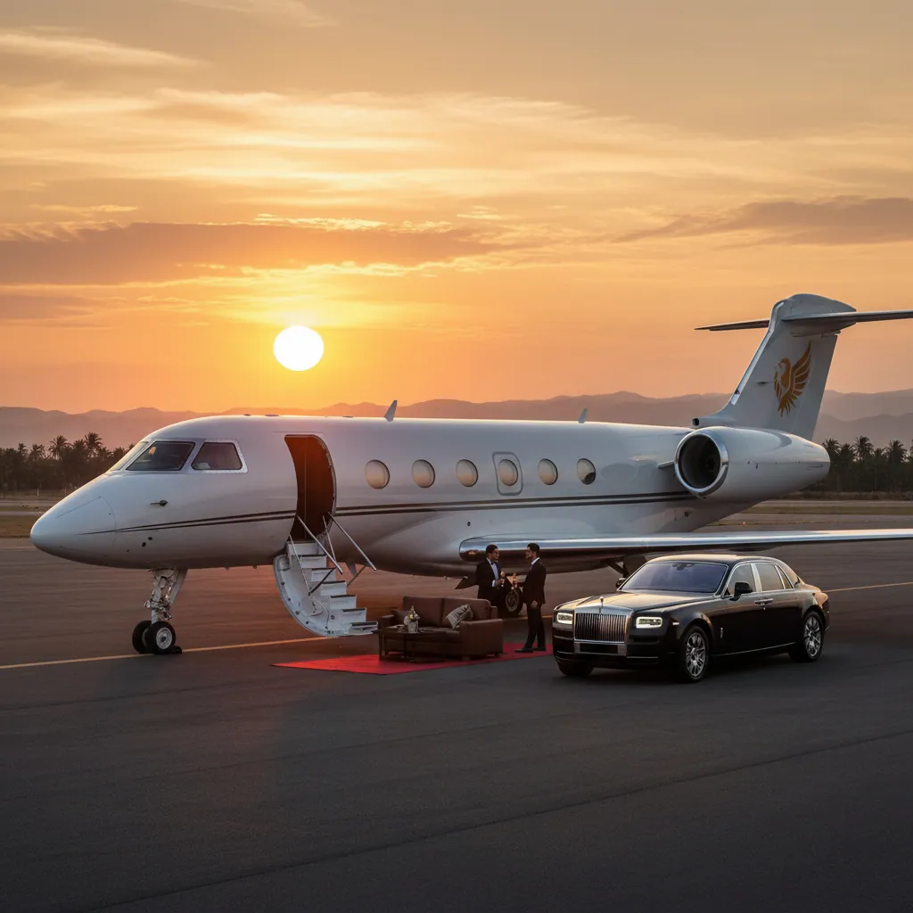 A private jet parked on the runway at sunset, emphasizing luxurious and exclusive travel experience.