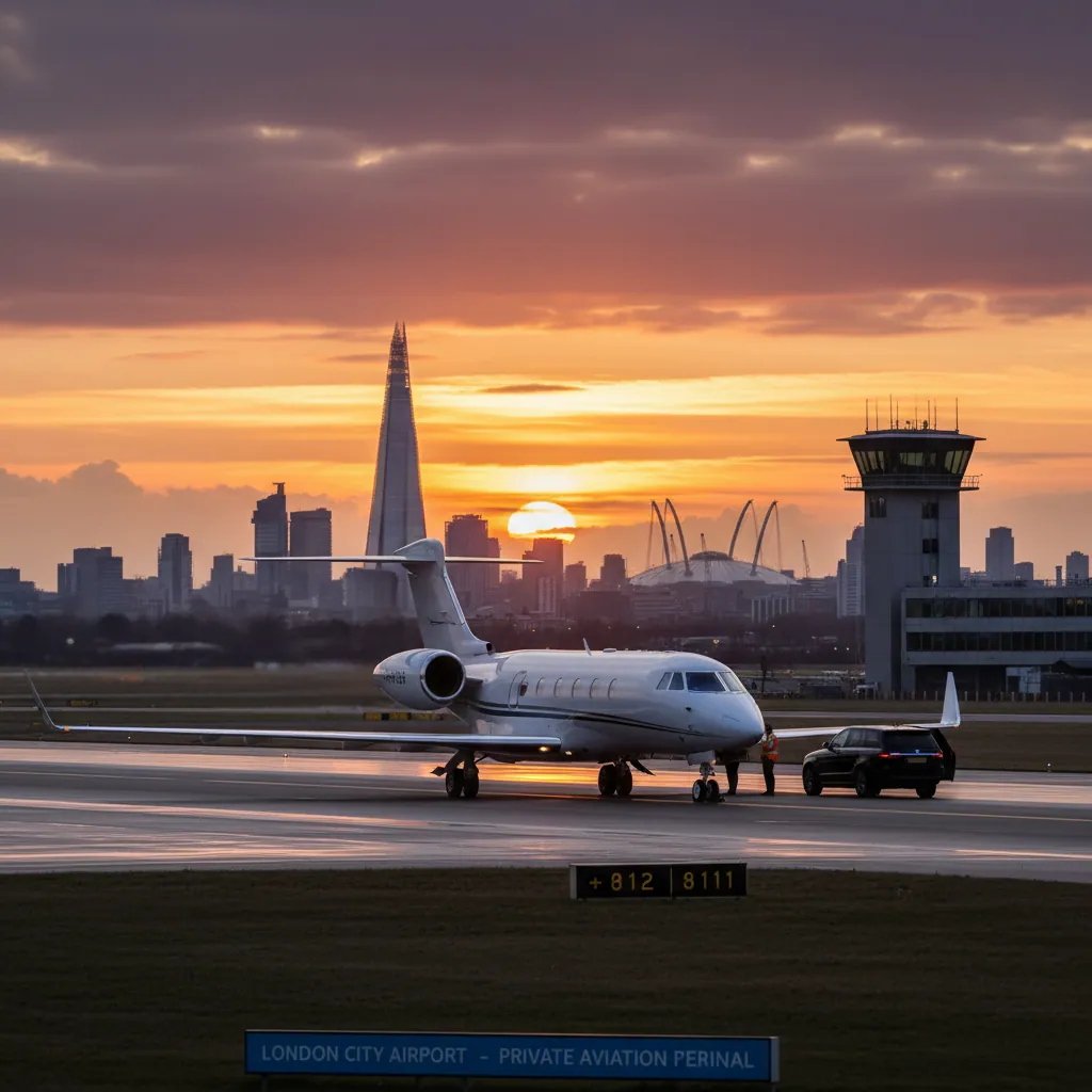 A private jet ready for takeoff against a sunset backdrop at an airport in London