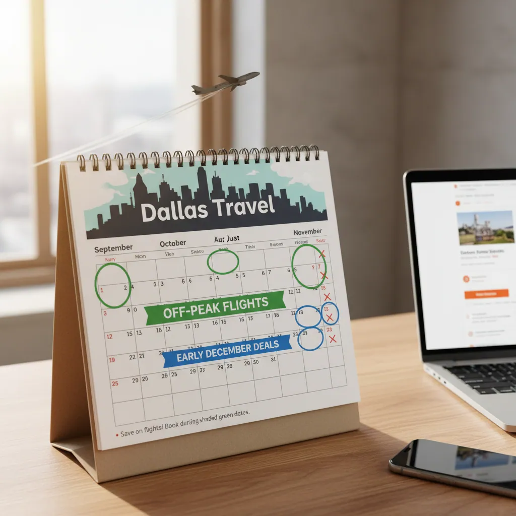  A calendar illustrating flight booking with marked off-peak seasons written for Dallas travel on it