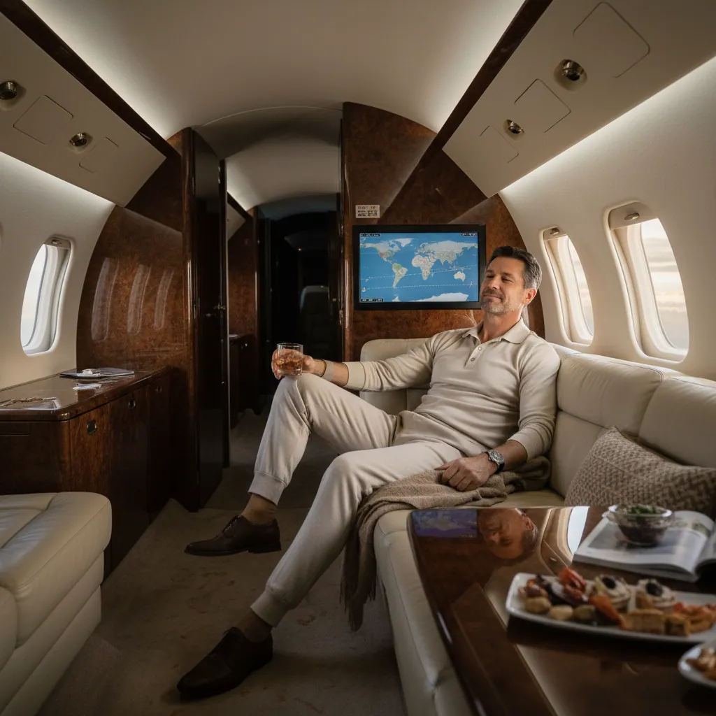 Private jet preparing for flight at dusk; focus on luxury details and exclusivity.
