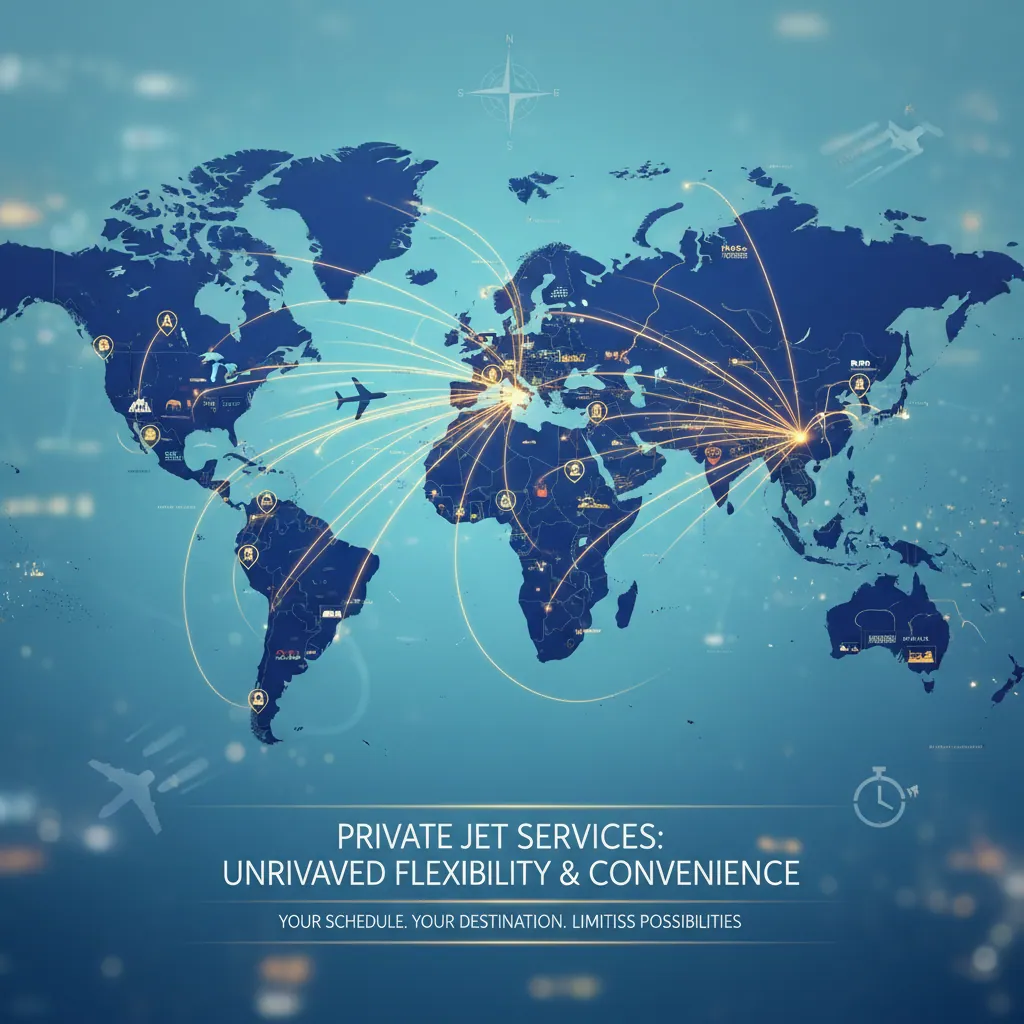 A world map with multiple destinations, highlighting the flexibility and convenience of private jet services