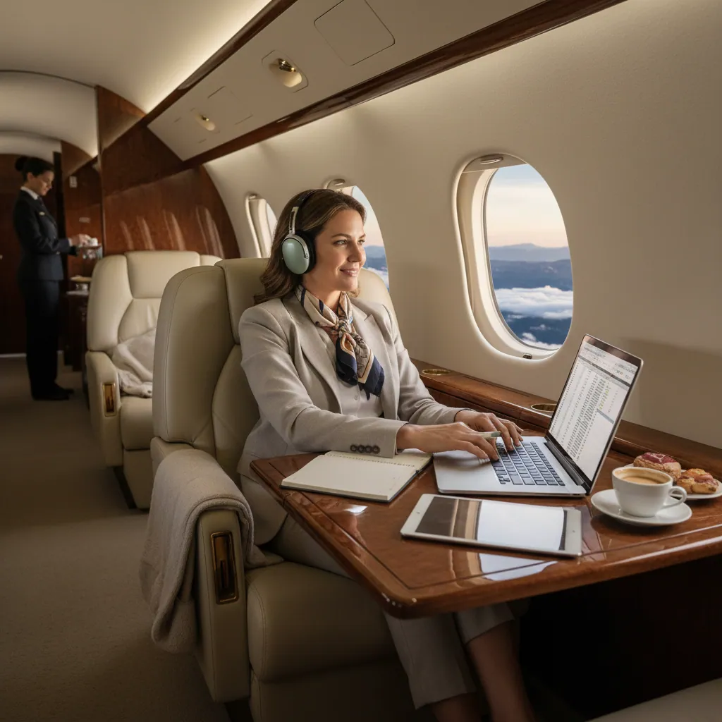 A businessperson enjoying the flexibility of private travel, while working on their laptop in the cabin of a private jet