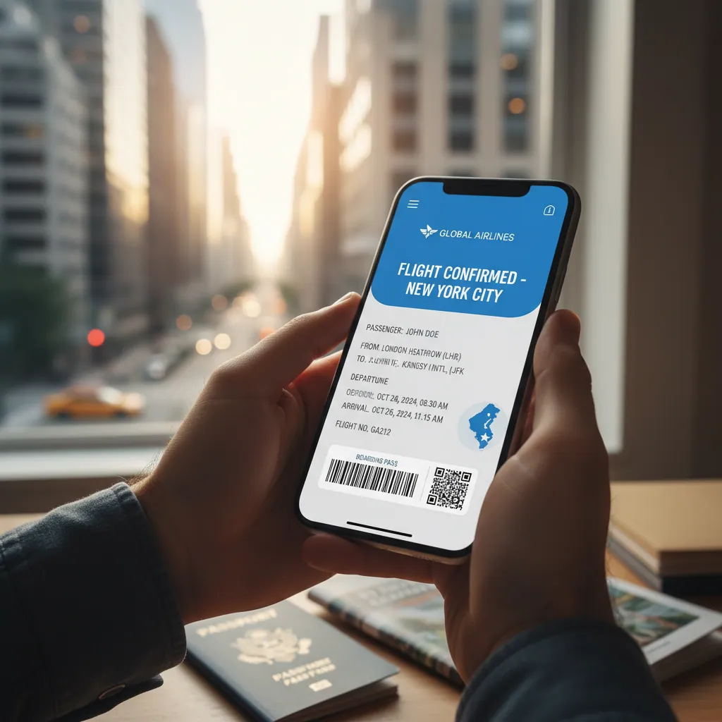 A photo of a computer or a mobile device with flight booking details on the screen. This should symbolise the process of reserving flights to New York City.