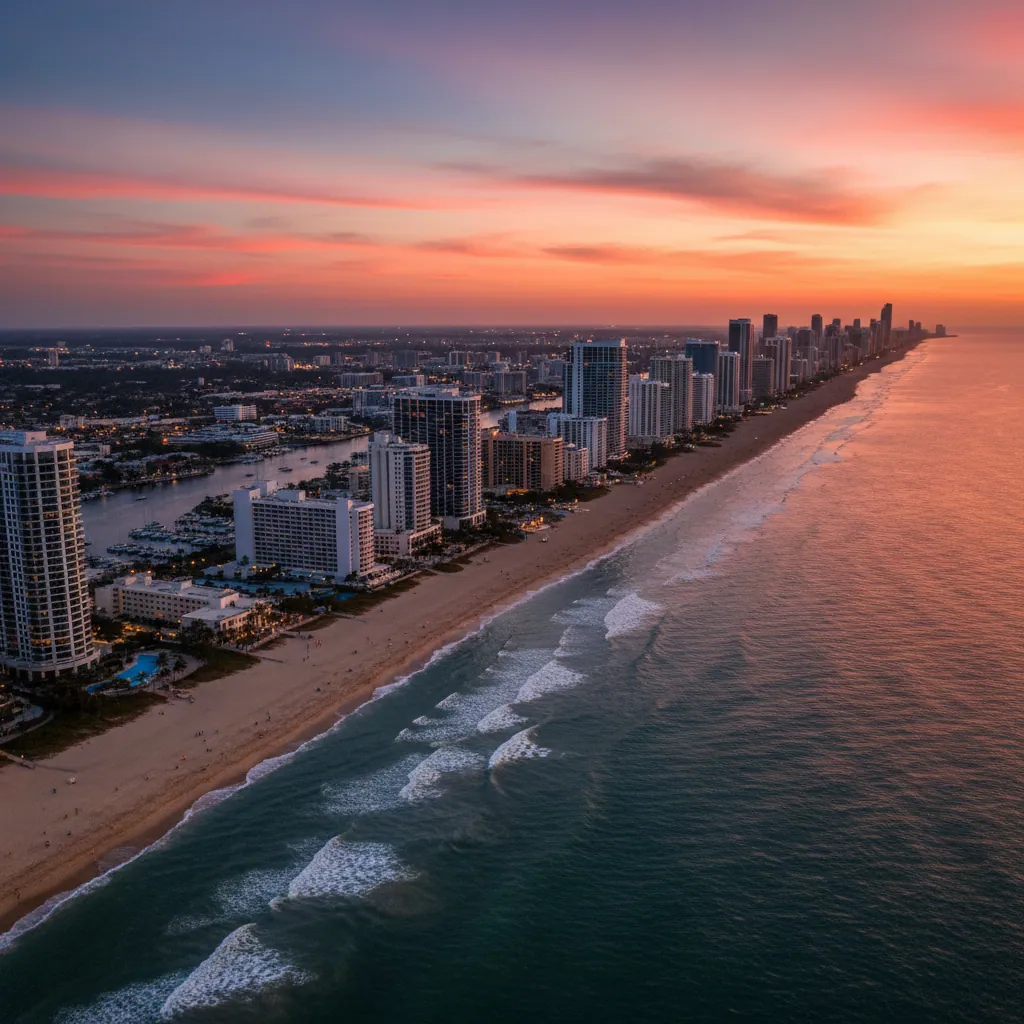 Aerial view of Fort Lauderdale beach with city skyline at sunset