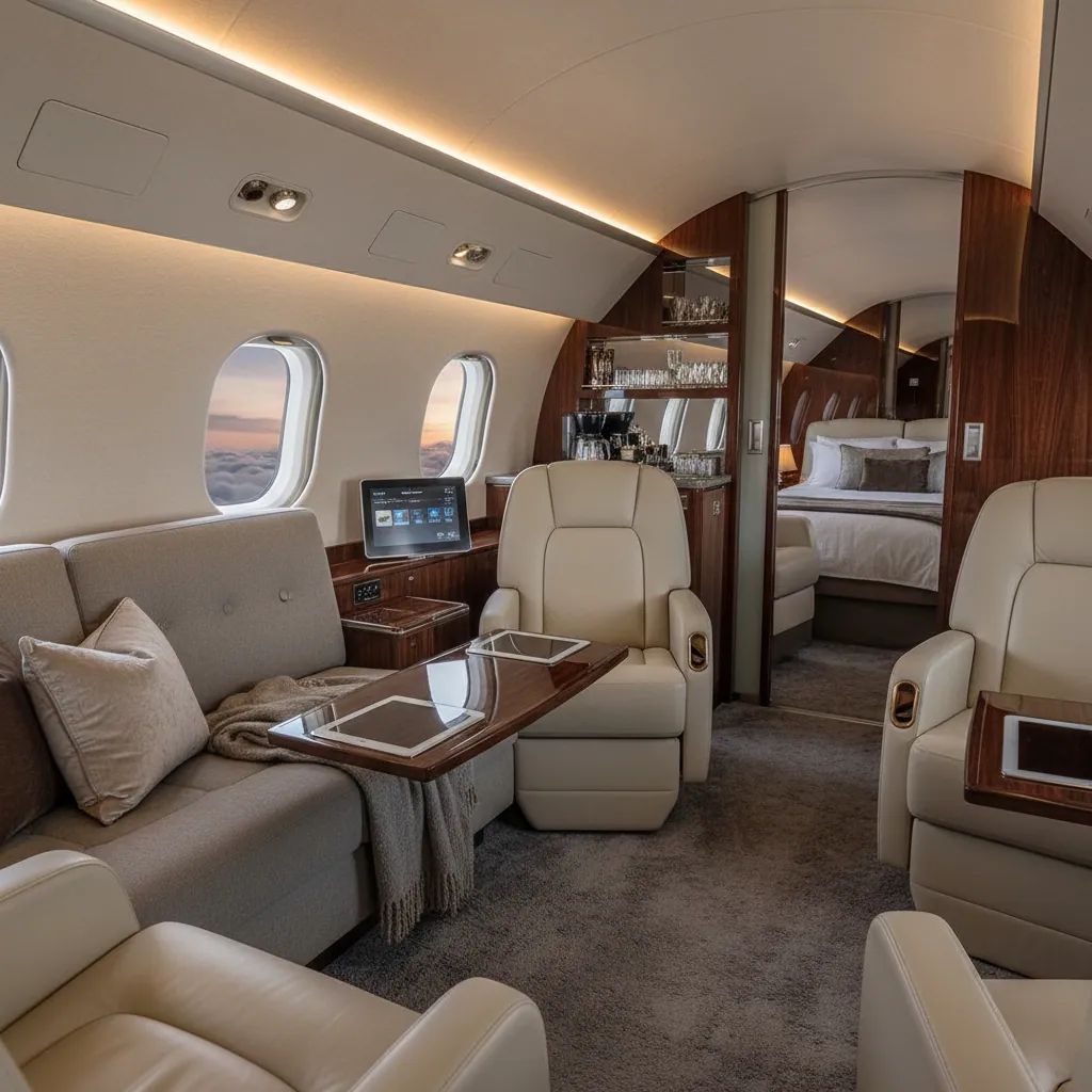 A closeup of spacious and luxurious interior of a private jet showcasing the high-end facilities and privacy that jet charters provide.