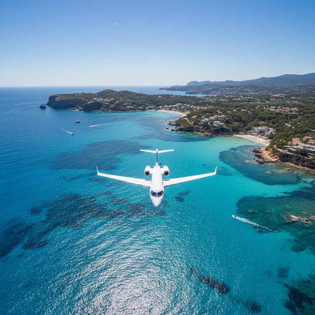 Aerial view of jet flying over the beautiful water of Ibiza