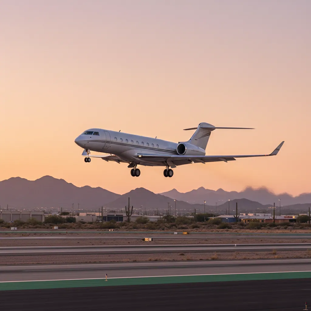 A sleek private jet taking off from a runway at sunrise in Scottsdale, against the backdrop of distant mountains, symbolizing the start of a premium travel experience.