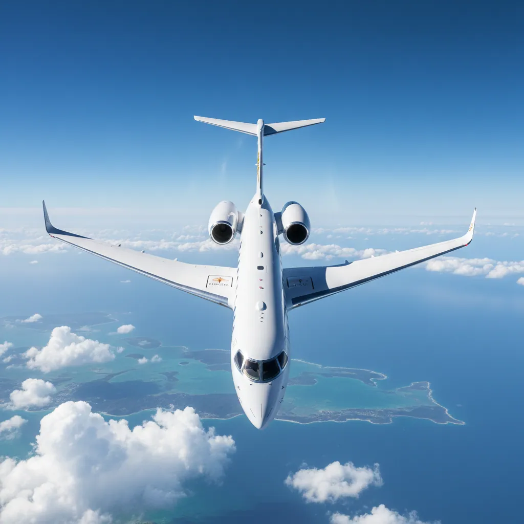 An aerial shot of a private jet mid-flight against a bright blue sky, representing the convenience and speed of charter jet services for luxury travelers.