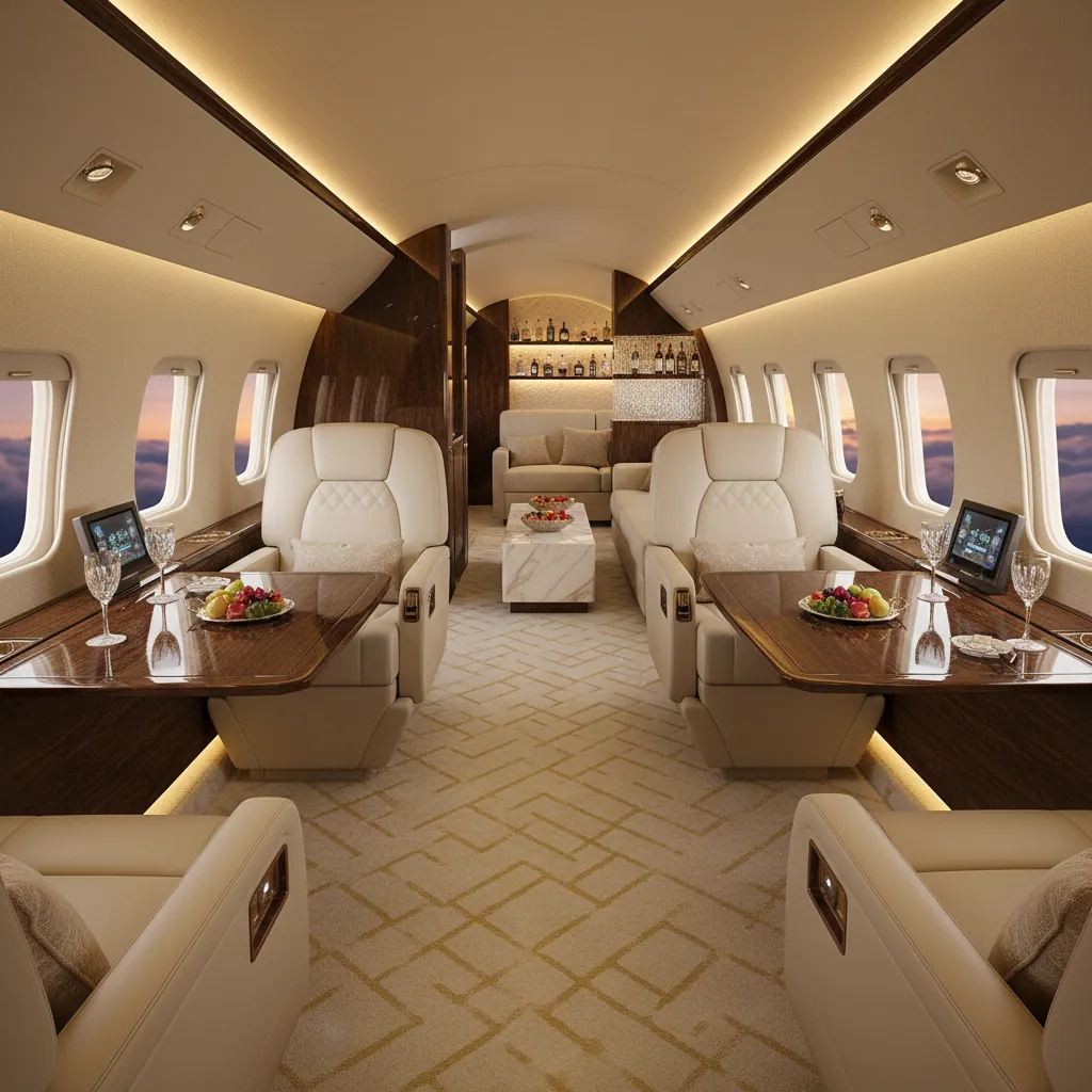 Interior view of a high-end private jet cabin, complete with plush leather seats, mood lighting, and elegant decor, showcasing the ultimate in-flight comfort and luxury.