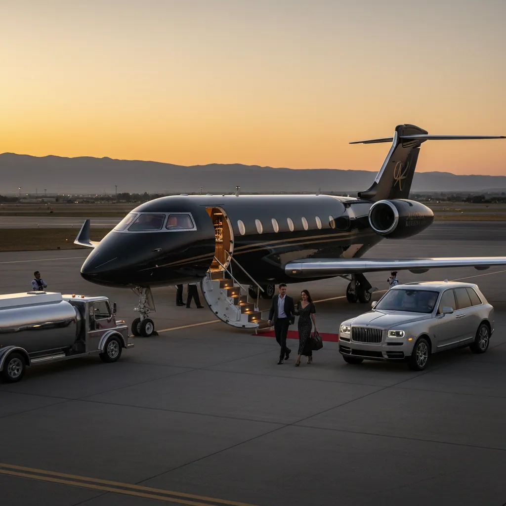 Private jet preparing for flight at dusk; focus on luxury details and exclusivity.