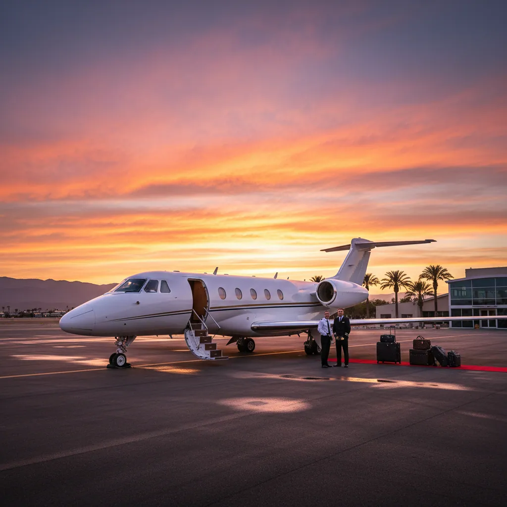 Luxurious private jet parked on an airstrip at sunset