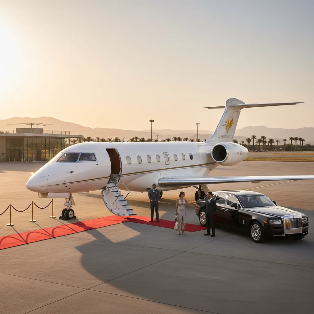 A luxury private jet parked on a runway waiting for its high-class passengers, representing the concept of luxury and exclusivity of a private jet charter