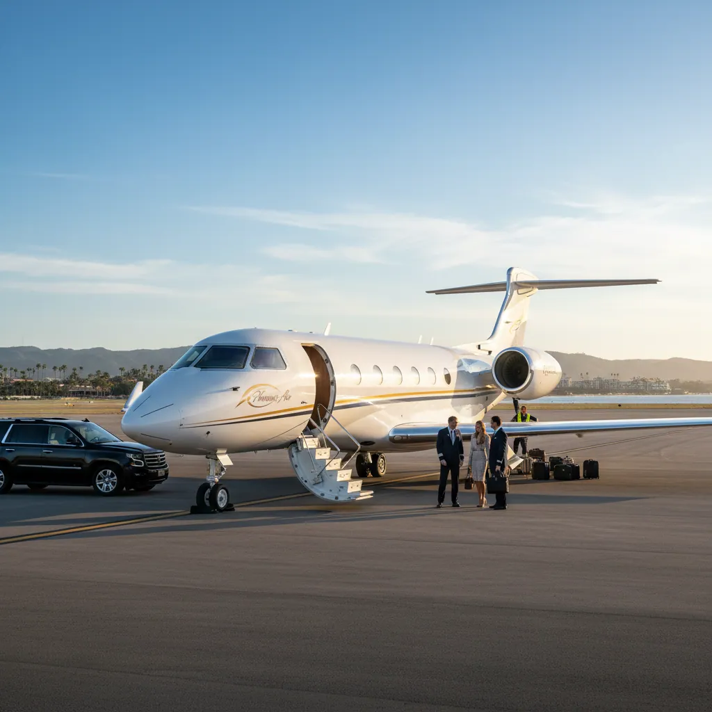 View of a luxury private jet parked on a runway, ready for takeoff