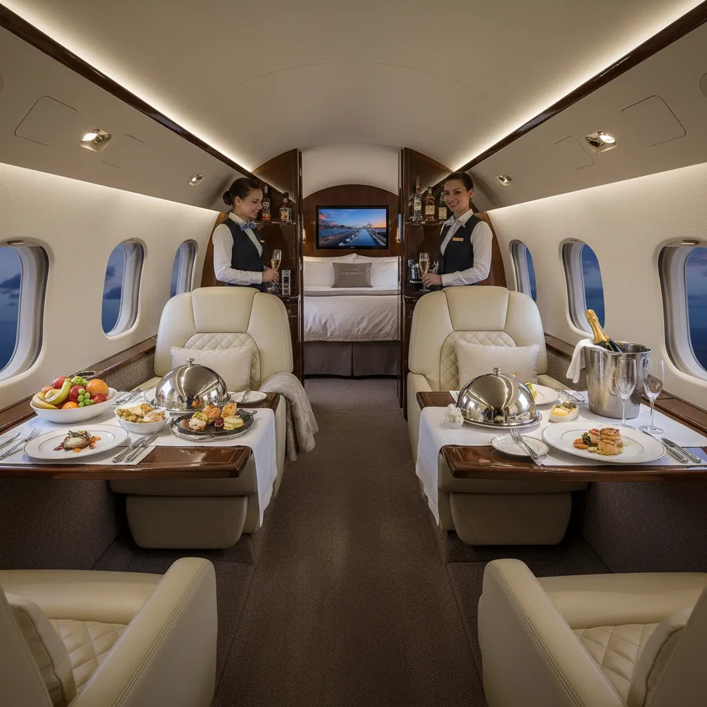 The interior of a luxury private jet, showcasing plush seats, a gourmet meal spread on the table, and additional amenities, highlighting the comfort and personalized service of charter jet services.