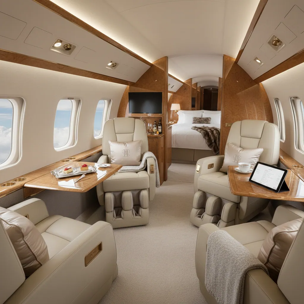 The luxurious interior of a private jet, highlighting the outstanding comfort and luxury provided to the passengers, representing the pinnacle of personalised travel