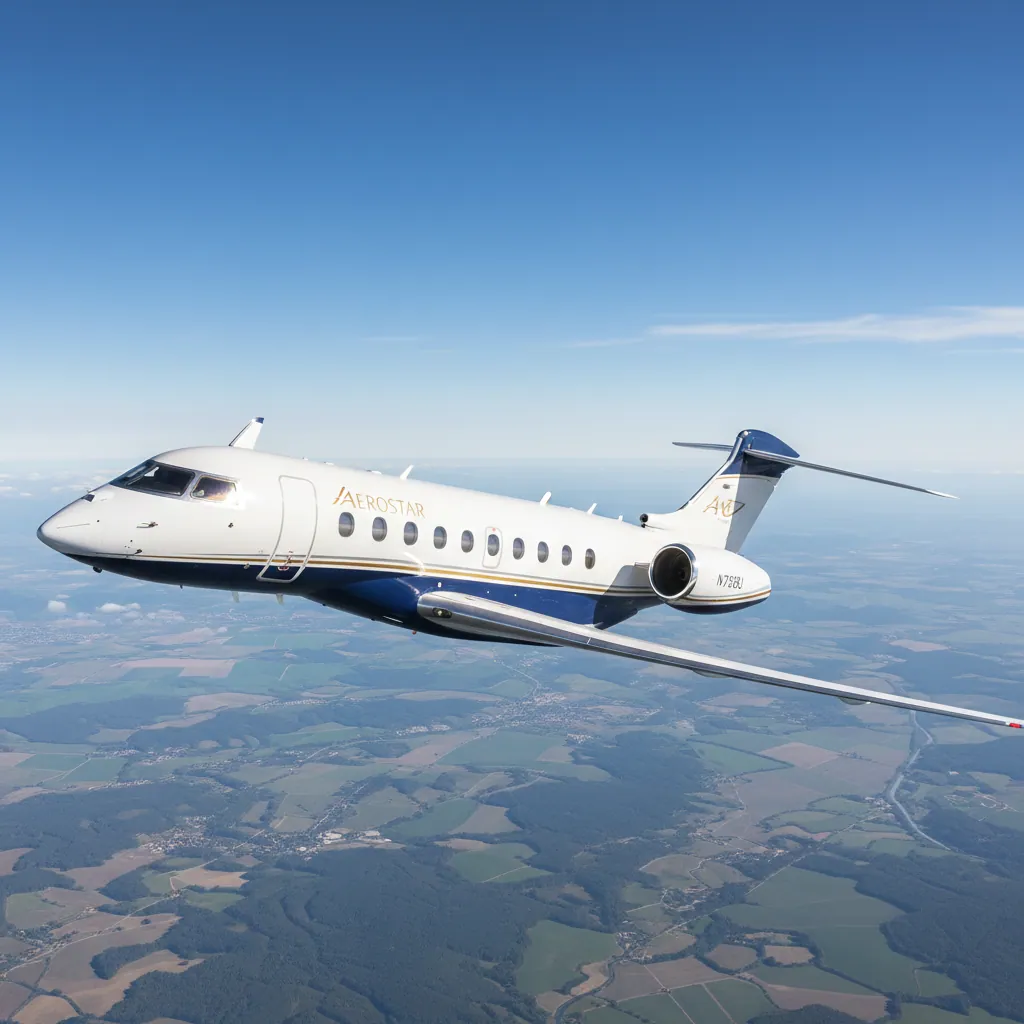 A sleek private jet illuminated under the sunset, stationed on the tarmac ready for takeoff.