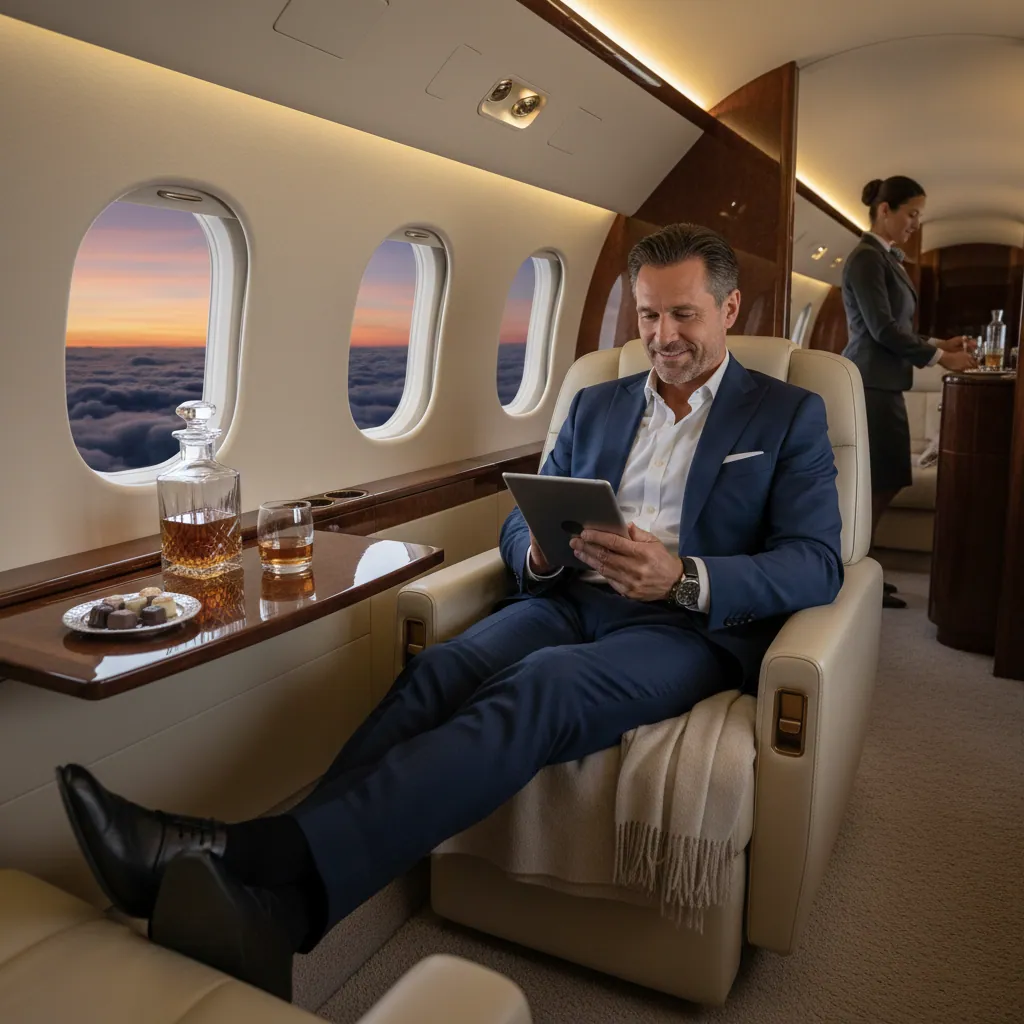 An executive enjoying the comfort and amenities of a private jet, highlighting the potential extra costs of additional services