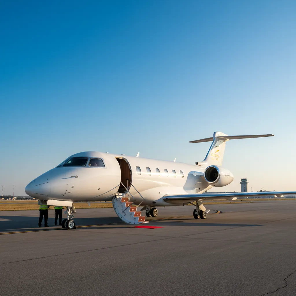 A private charter jet on the runway, ready for departure. The jet is sleek and luxurious with a white exterior and modern design. The backdrop features a clear sky, showcasing the jet's readiness for flight.