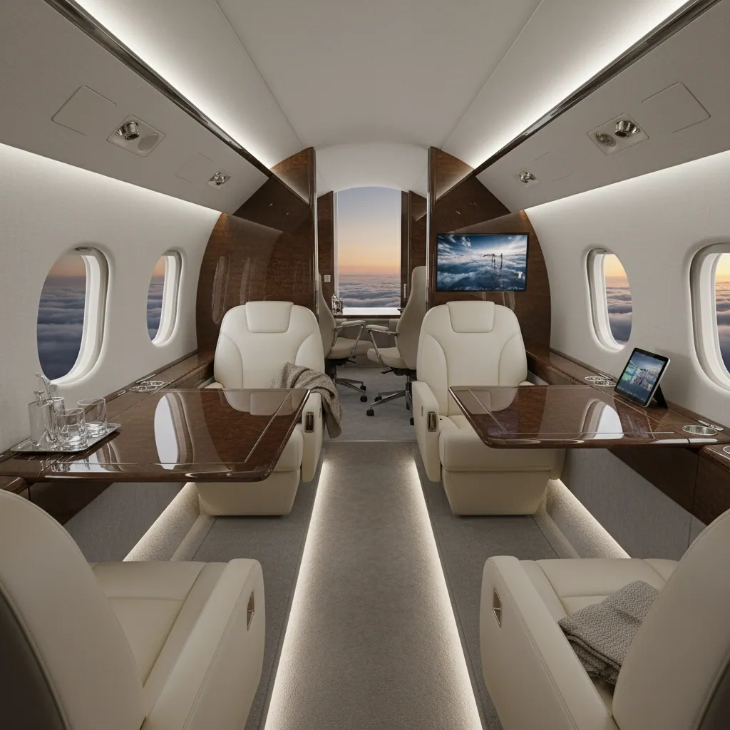 Stylish, modern interior of a private jet showing the comfortable leather chairs, private workspace and high-end amenities. The image is a representation of the luxury, comfort, and privacy of traveling via private jet.