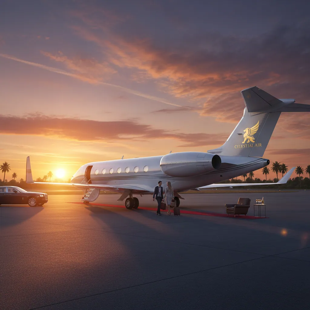 a private jet against a sunset backdrop, signifying luxury and high-end travel