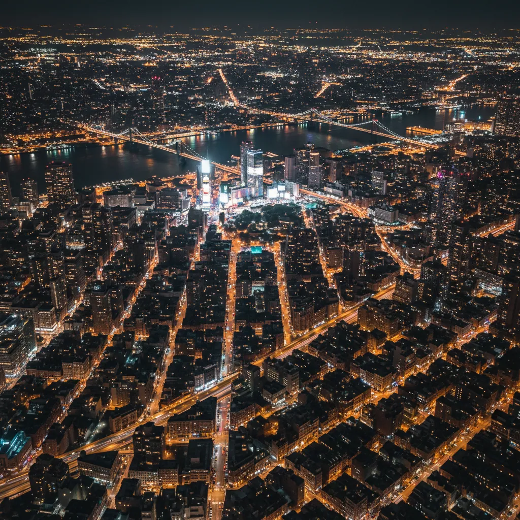 An overhead shot of New York City with glowing city lights at night. A visual representation of the city that never sleeps.