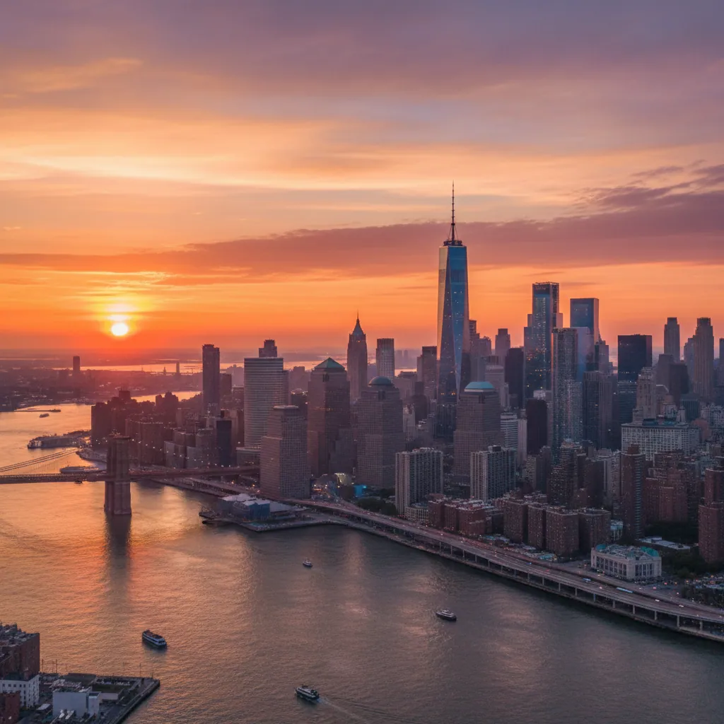 A typical New York City skyline with tall skyscrapers during the time of sunset creating a mesmerizing blend of colors in the sky