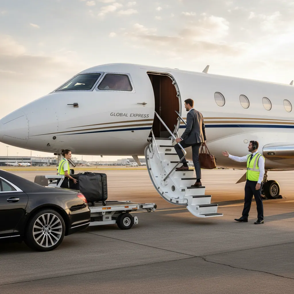 Client boarding a private jet while ground staff provides assistance