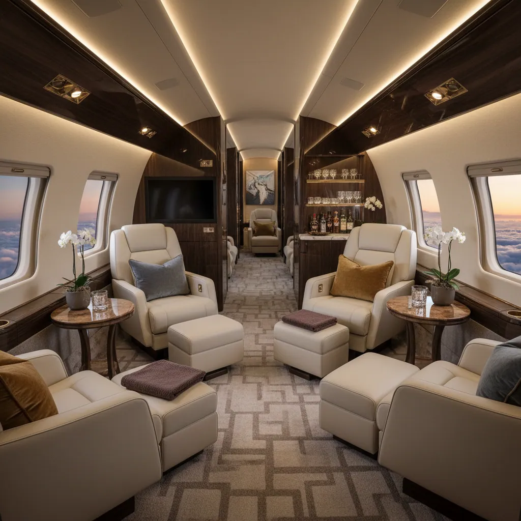 A private jet parked in a hangar, ready to be chartered