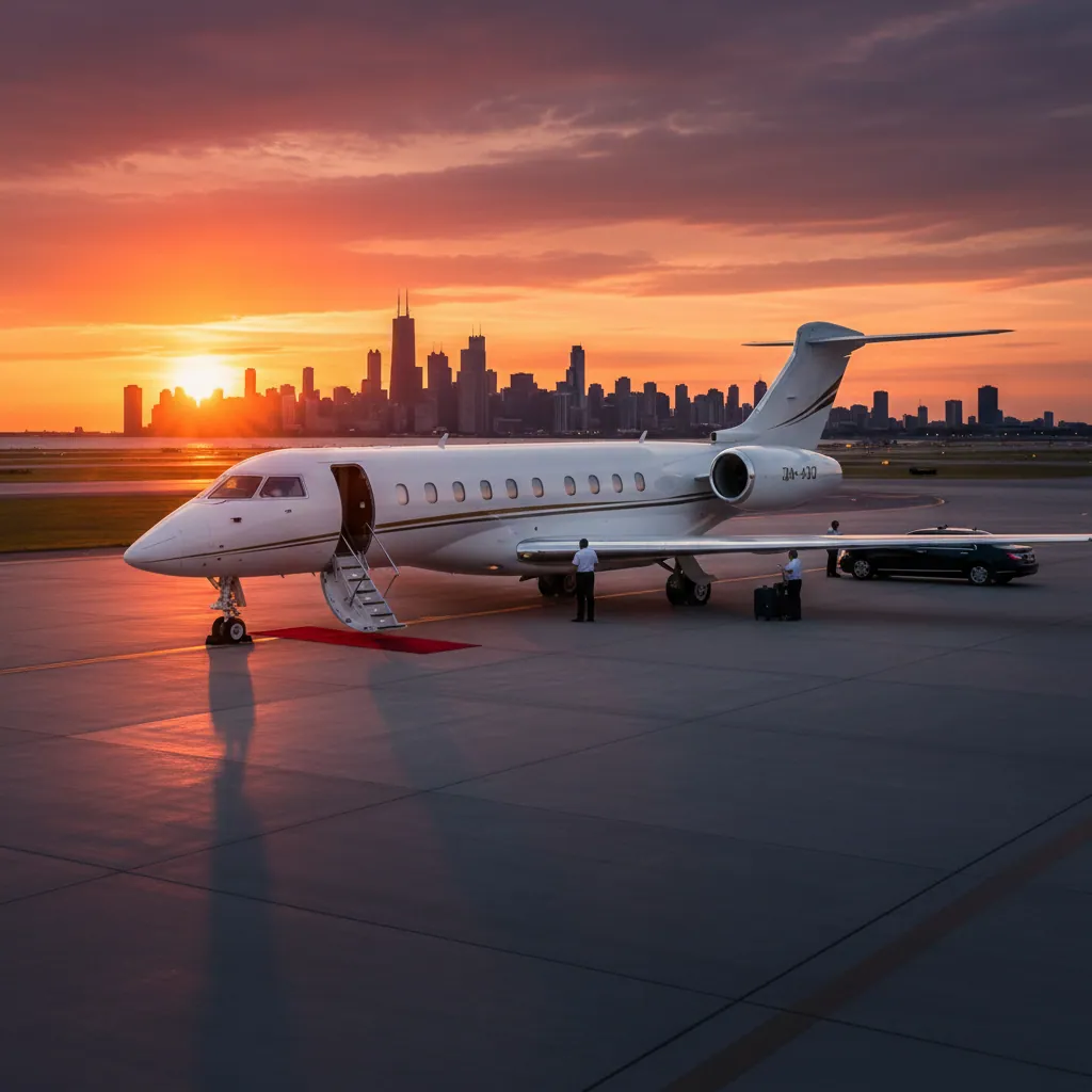 A luxurious private jet waiting on an airport runway during a beautiful Chicago sunset