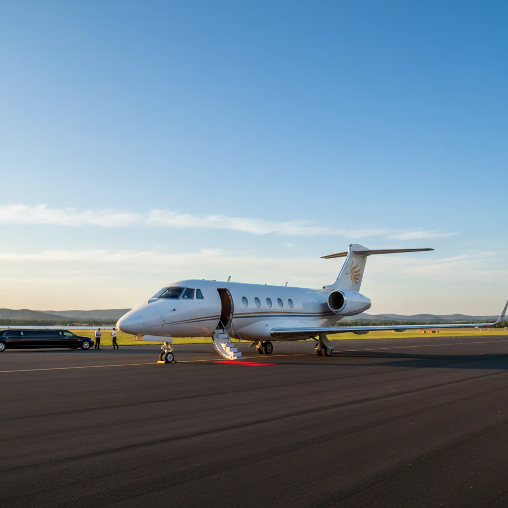 Luxury private jet parked on the runway against the blue sky