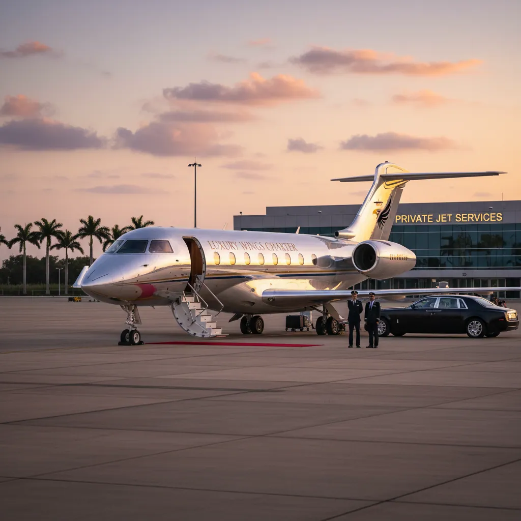 A gleaming private jet parked on a runway, indicating high-end private jet charter service.