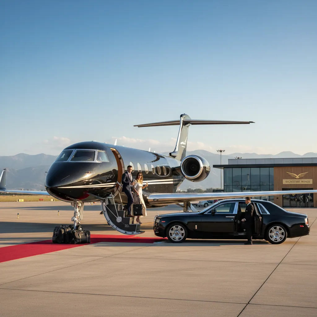 Elegant private jet prepared for departure on a runway. The image symbolizes luxury, traveling in style and convenience that private jet chartering can offer.