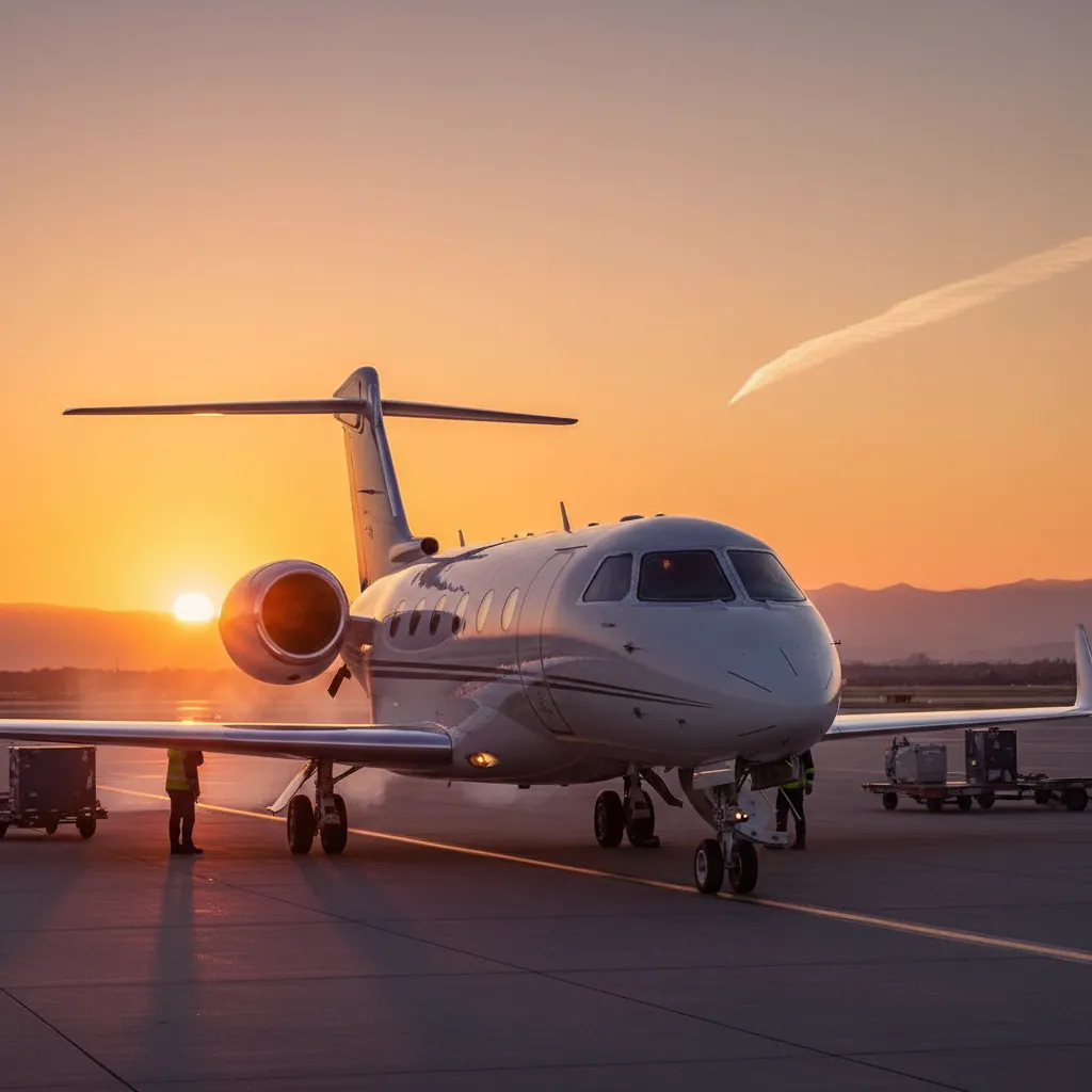 A sleek private jet illuminated under the sunset, stationed on the tarmac ready for takeoff.