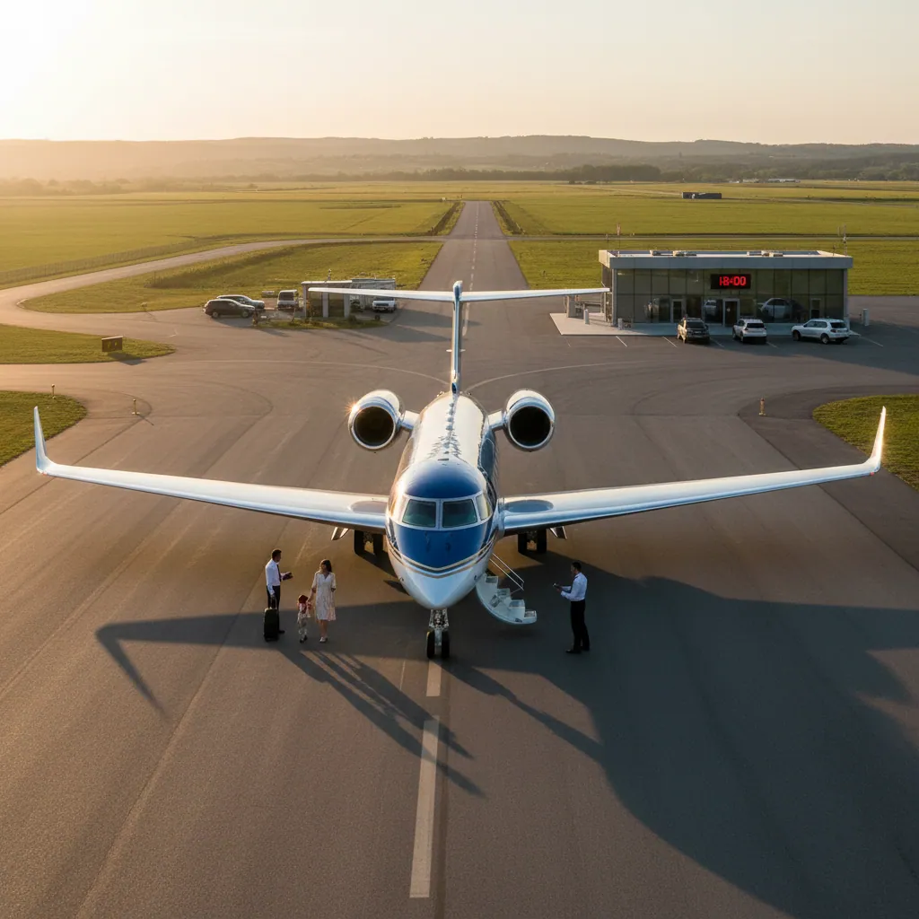 A private charter jet preparing for takeoff from a privately-owned airfield, signifying the convenience and control over travel schedules that come with private jet charters.