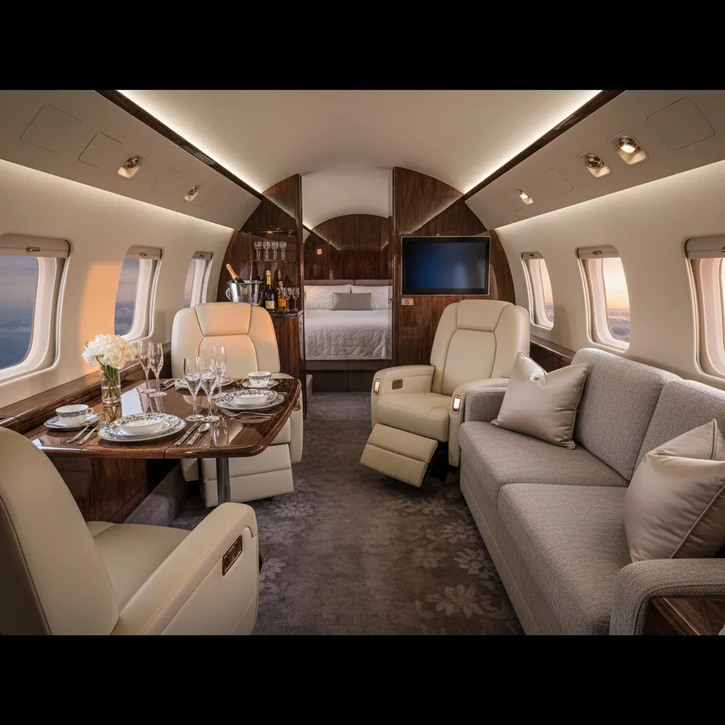 A luxurious private jet showcasing its spacious, comfortable interiors and high-end amenities.