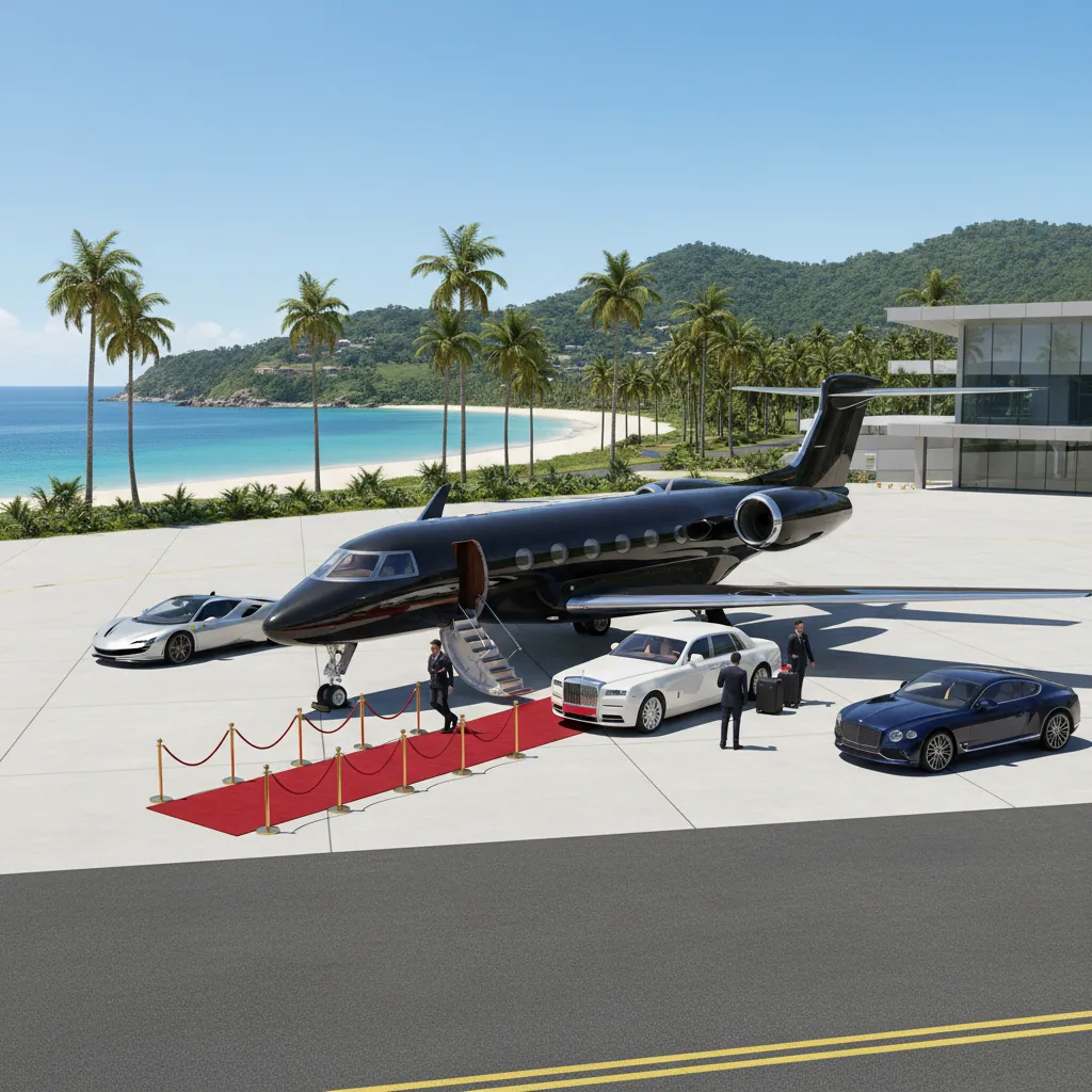 An image of a private jet parked at a luxurious airport with a red carpet leading up to the plane. There's potential to include some palm trees, an exotic location in the background or high-end cars to add a hint of exclusivity and wealth.