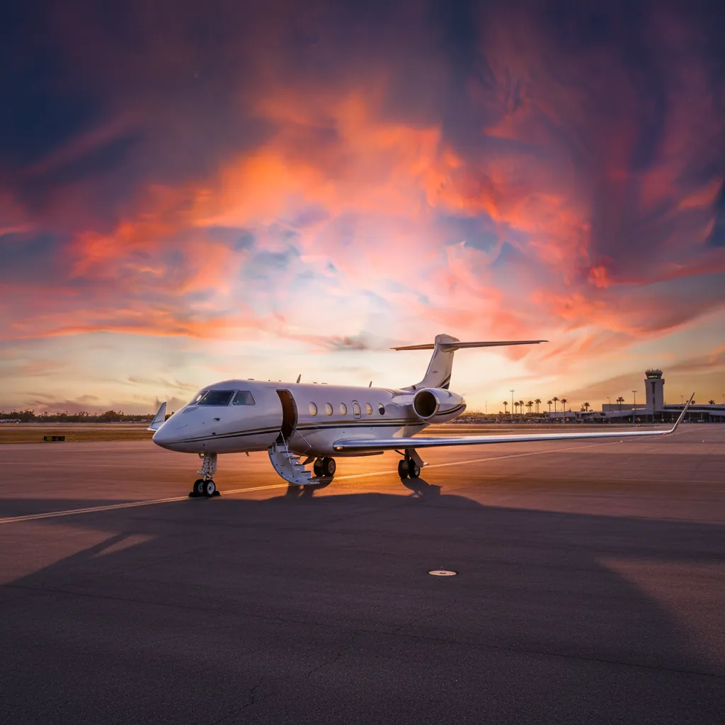Private jet parked on the runway with the sunset in the background
