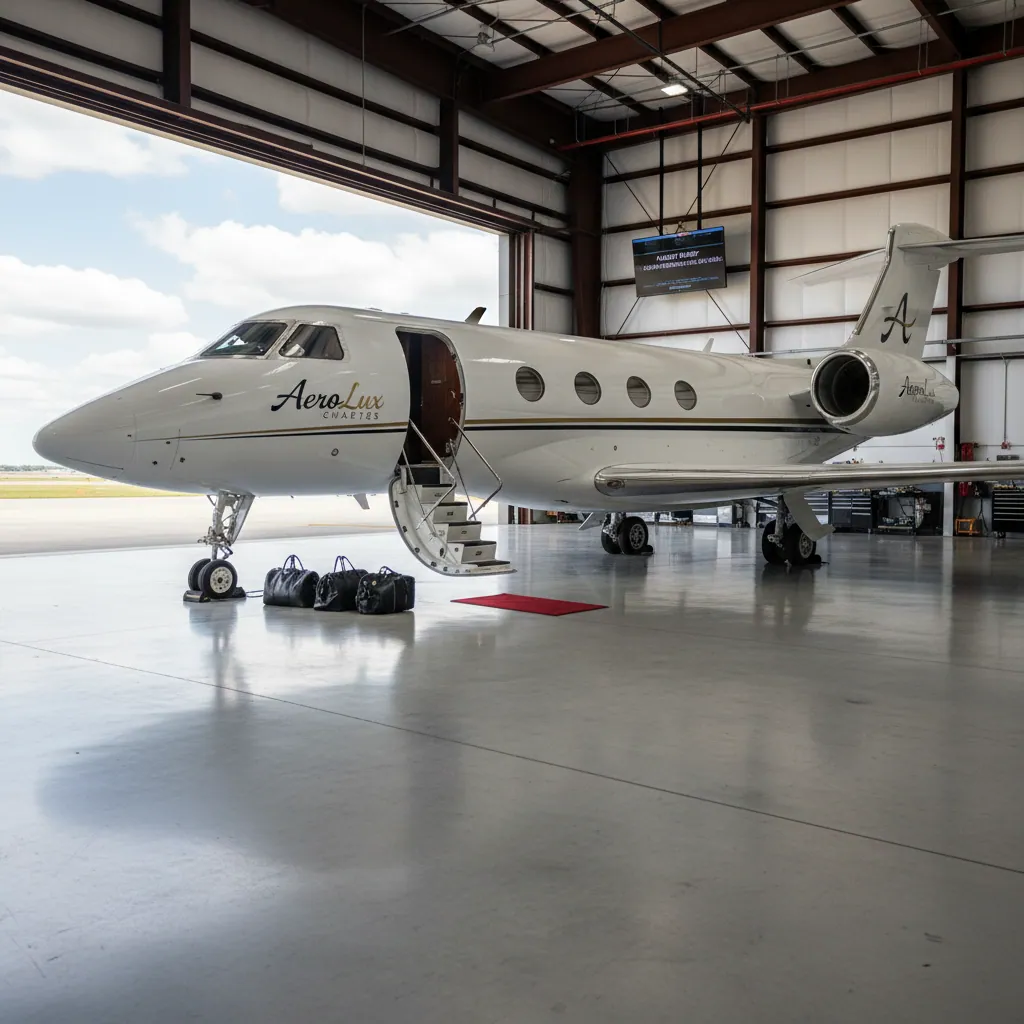 A private jet parked in a hangar, ready to be chartered