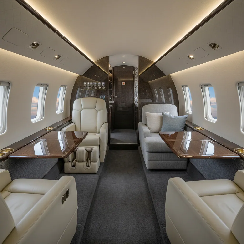 Elegant interior of a private jet with comfortable seating