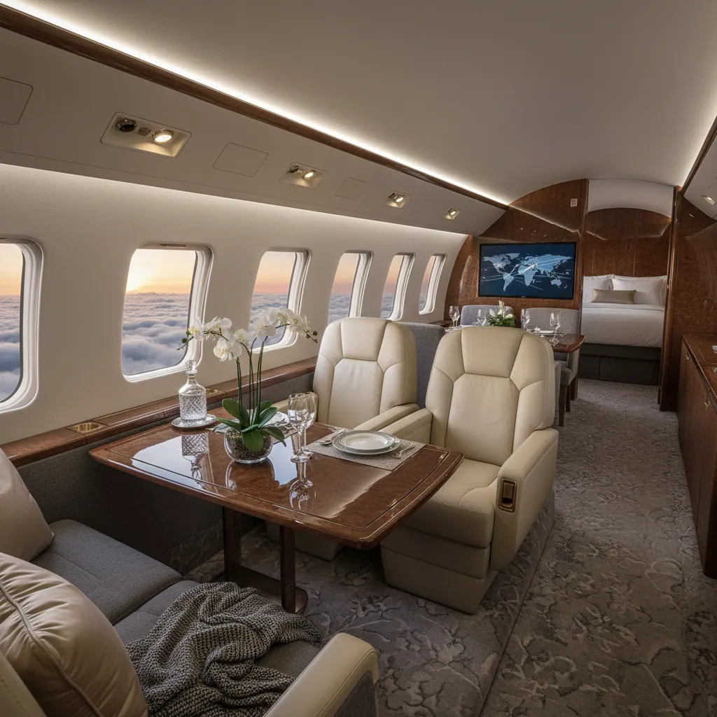 A private jet against a sunset backdrop, signifying luxury and high-end travel