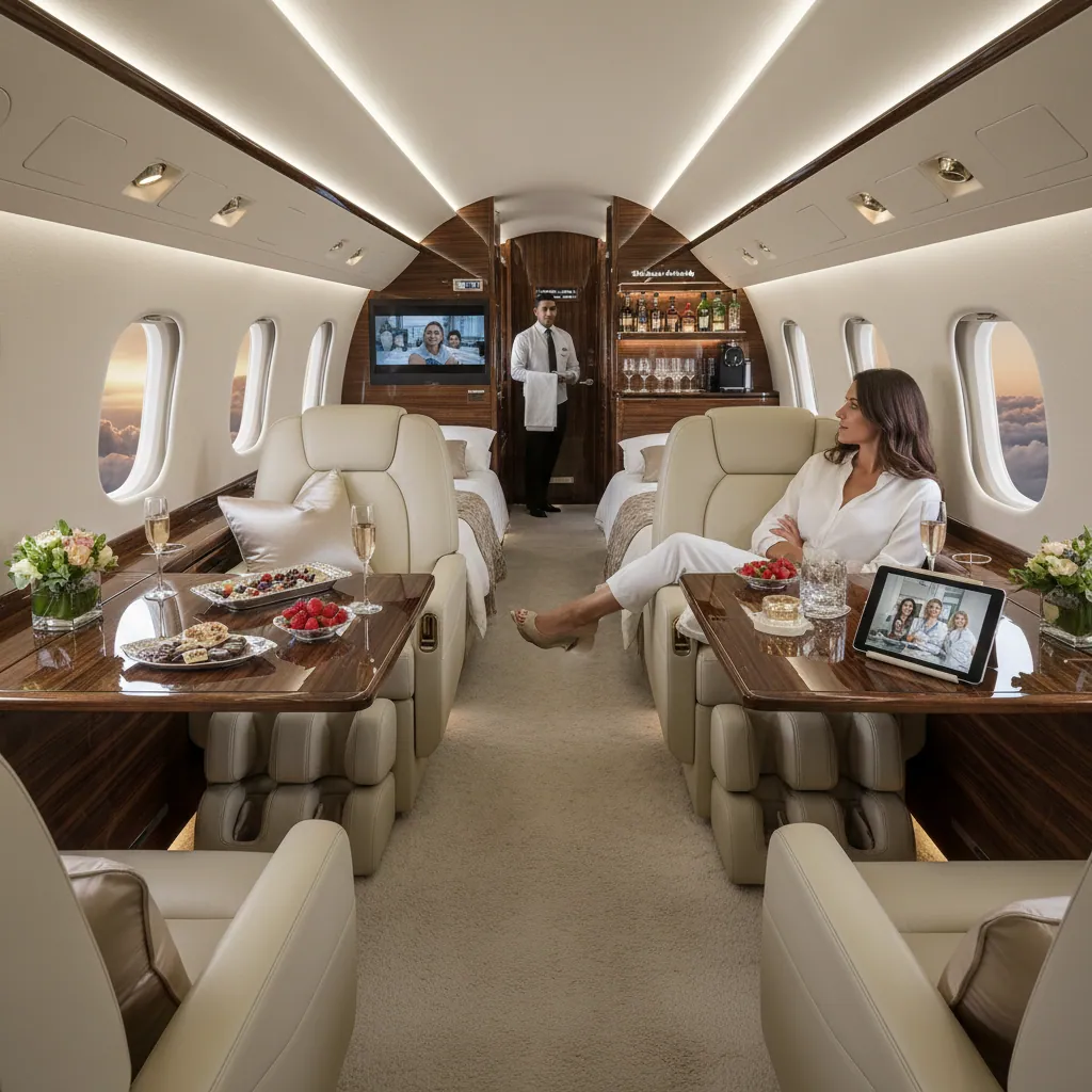 Private jet interior showcasing the plush seats, top-tier amenities and personalized services.