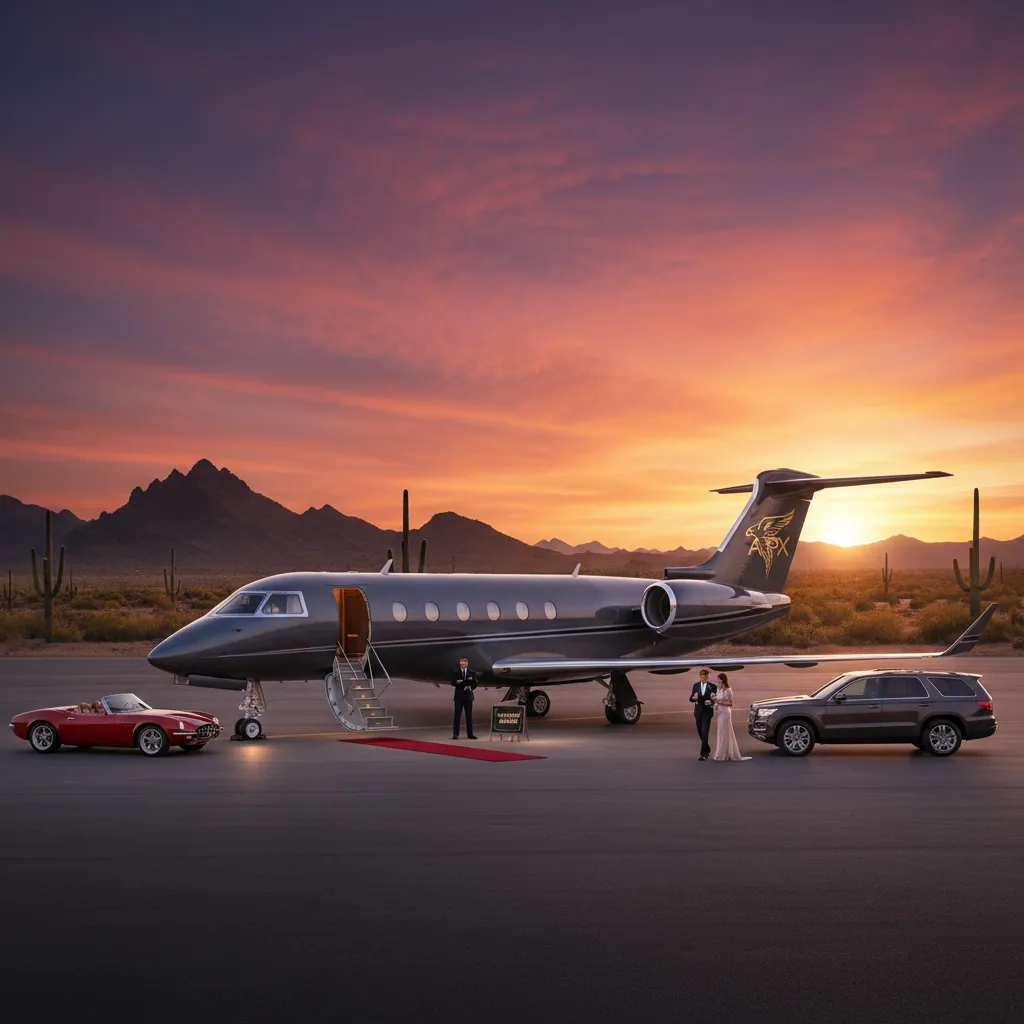 A luxurious private jet parked on the tarmac in Scottsdale, Arizona, surrounded by the desert landscape with a vibrant sunset in the background, conveying a sense of exclusivity and opulence.