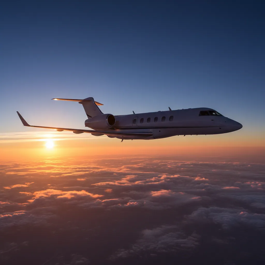 A private jet cruising on high altitude with a picturesque sunset on the backdrop