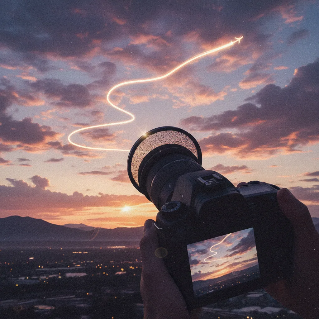 A DSLR camera capturing a plane makes a pathway through the cloudy sky during the twilight period in an artistic way