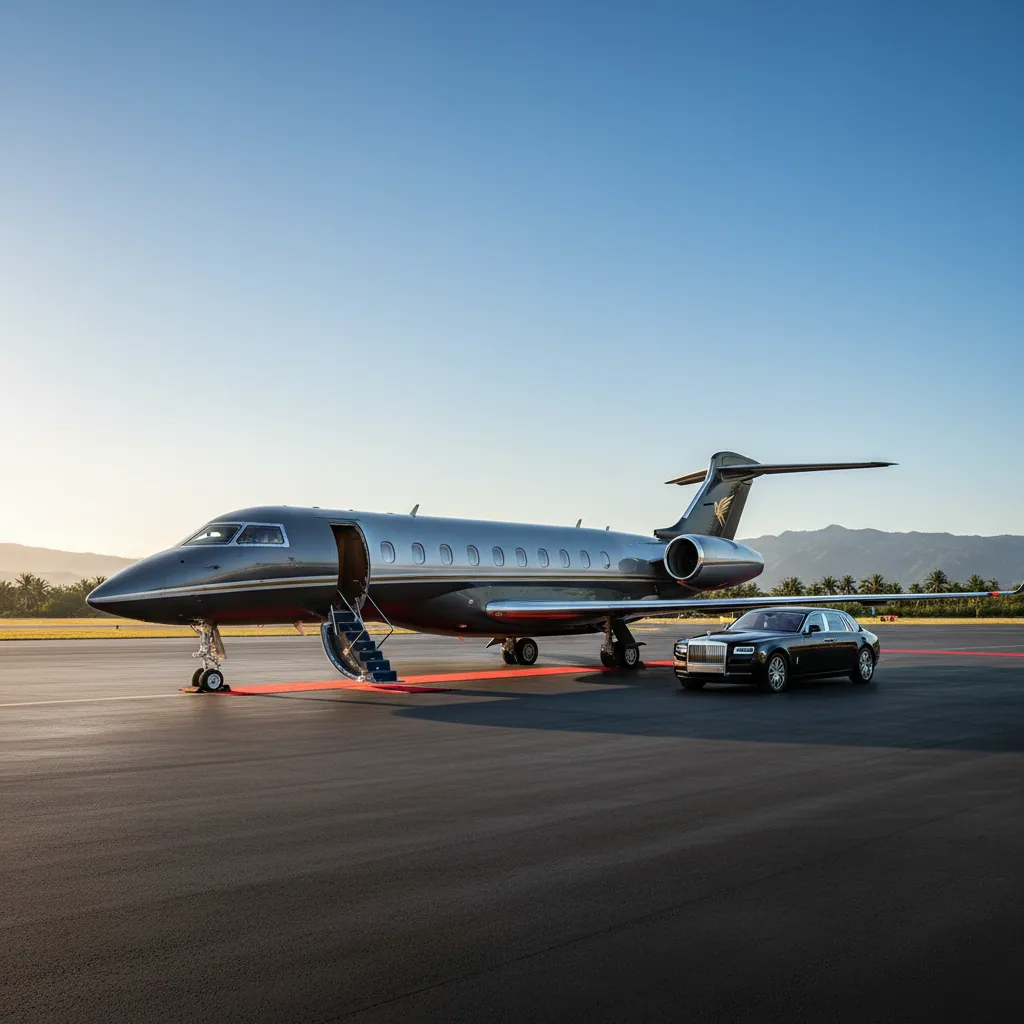 A high-end luxurious private jet parked on an airstrip, with clear sky in the background.