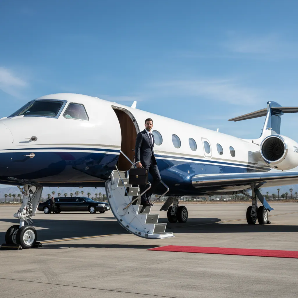 Businessman stepping out of a pristine luxury private jet