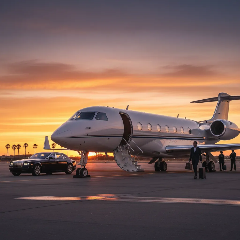 A luxurious private jet parked on the runway at sunset, with the sun's golden rays illuminating the aircraft.