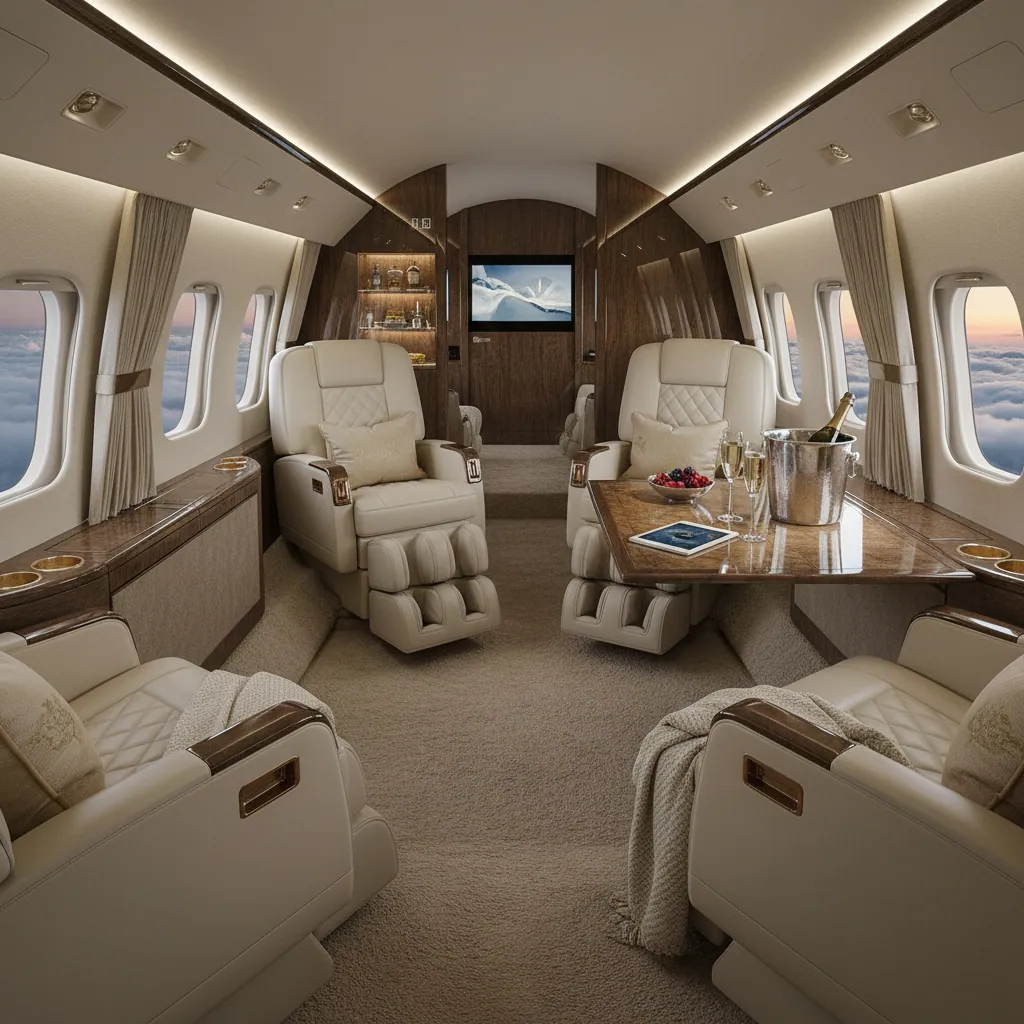 Luxurious and spacious interior of a modern business jet.